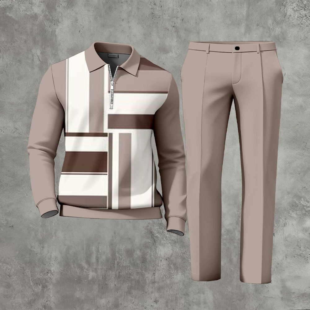 Men's Casual Khaki & White Color Matching Geometric Printed Polo-Colla