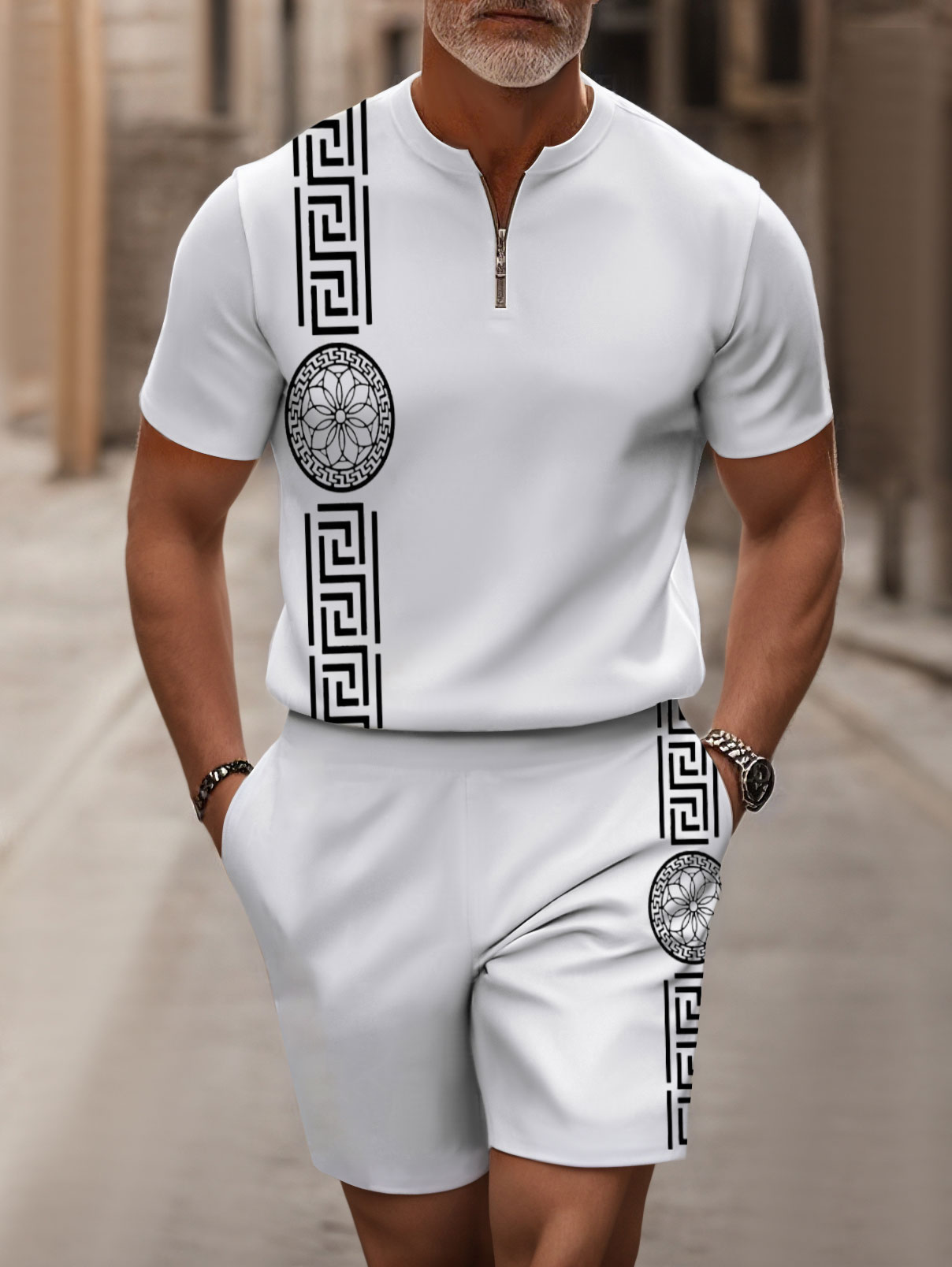 Men's Fashion Casual Round-Neck Zipper White Color Retro Style Flower Printed Short-Sleeved Two-Piece Set