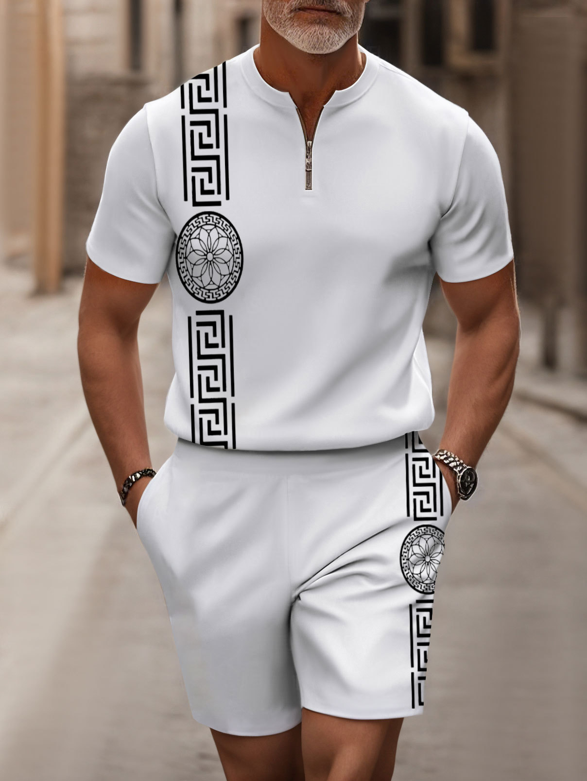 Men's Fashion Casual Round-Neck Zipper Geometric Printed Short-Sleeved Two-Piece Set