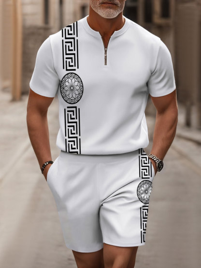 Men's Fashion Casual Round-Neck Zipper White Color Retro Style Flower Printed Short-Sleeved Two-Piece Set