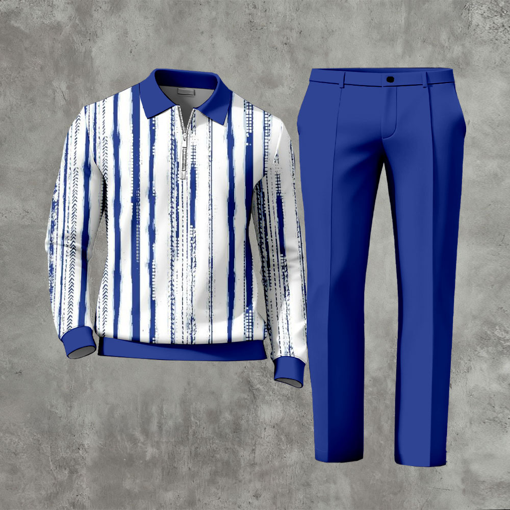 Men's Casual Royal Blue & White Color Matching Striped Printed Zipper Long Sleeved Polo Shirt & Trousers Two-Piece Set