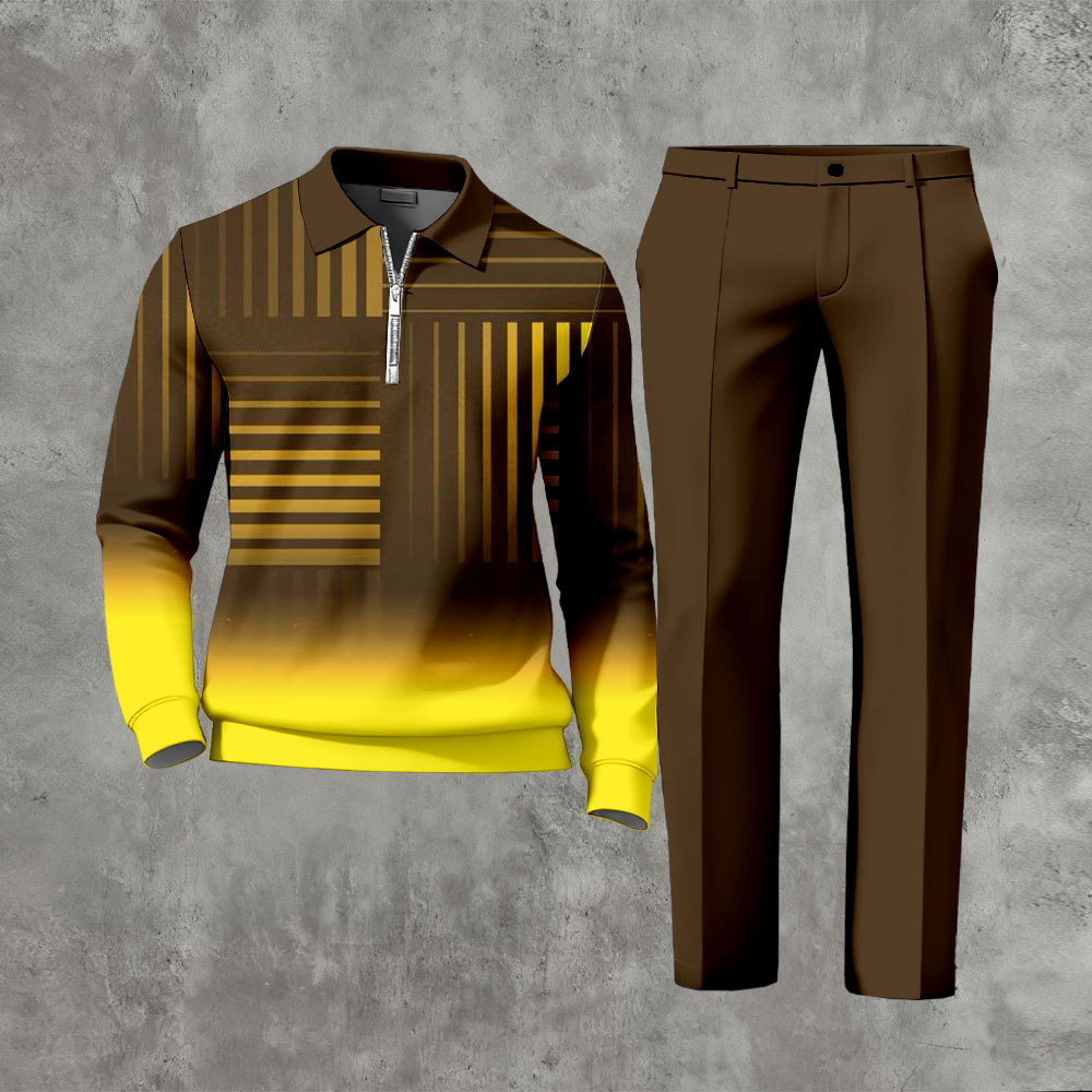 Men's Casual Coffee & Yellow Color Matching Gradient Striped Printed Z