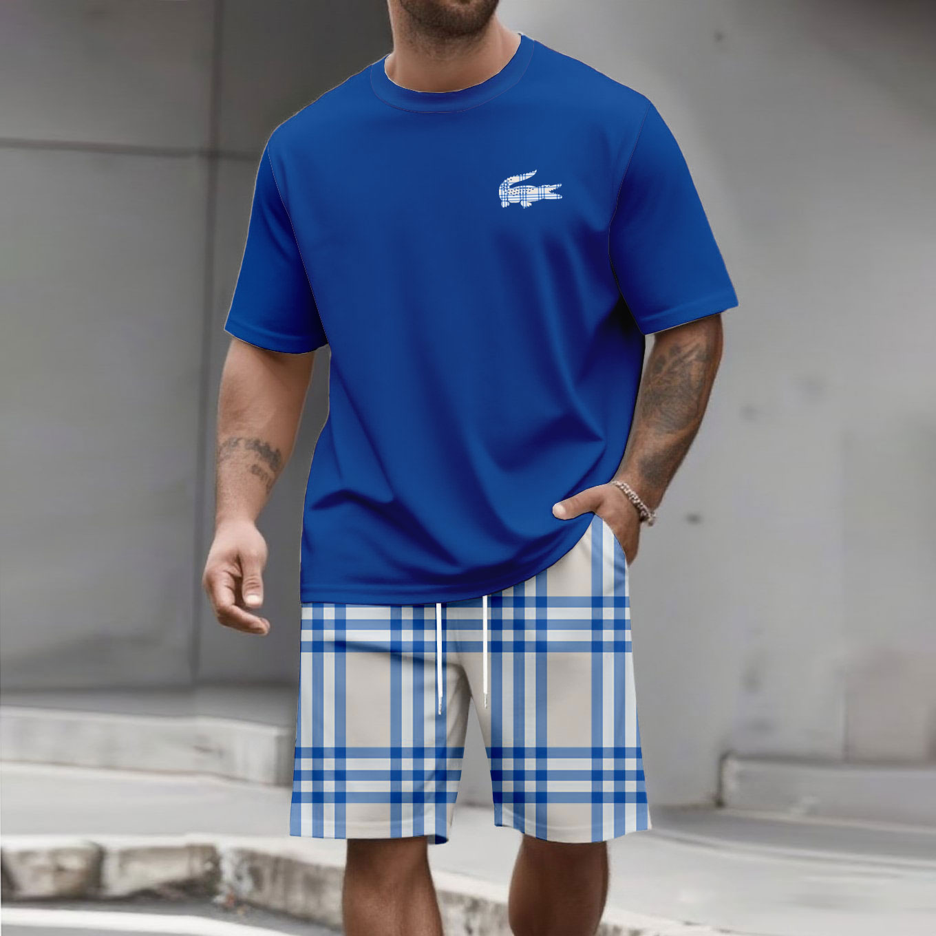 Men's Fashion Casual Color Matching Printed Short-Sleeved Two-Piece Set