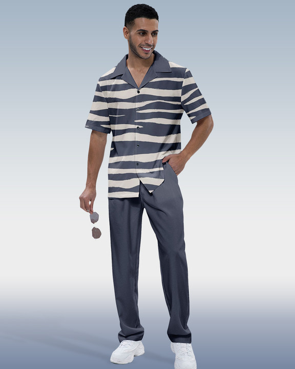 Men's Striped Print Short Sleeve Shirt Walking Set