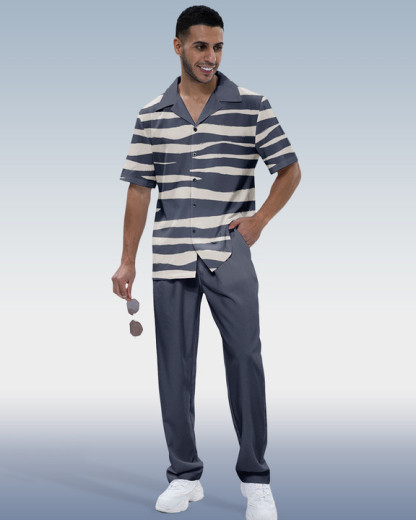 Men's Striped Print Short Sleeve Shirt Walking Set