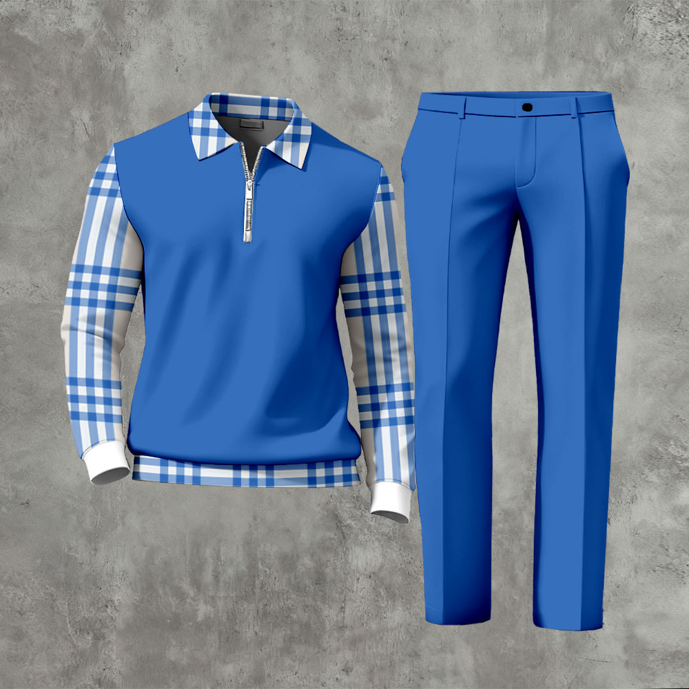 Men's Casual Blue & White Color Matching Checked Printed Zipper Long Sleeved Polo Shirt & Trousers Two-Piece Set