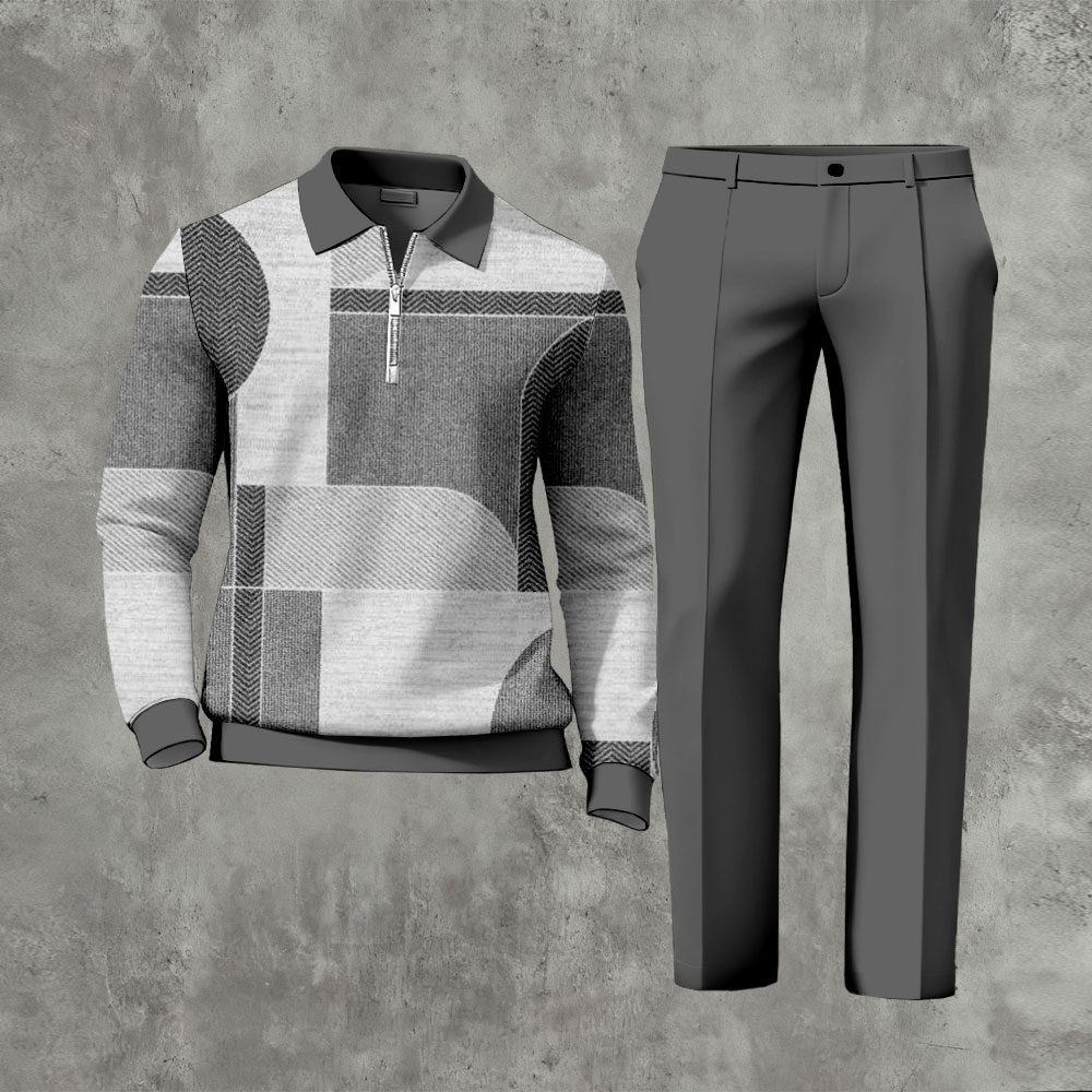 Men's Casual Gray Color Matching Geometric Printed Polo-Collar Zipper Long Sleeved Trousers Two-Piece Set