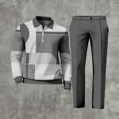 Men's Casual Gray Color Matching Geometric Printed Polo-Collar Zipper Long Sleeved Trousers Two-Piece Set