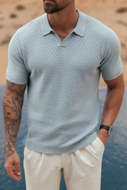 Men's lightweight cotton and linen casual blue polo shirt