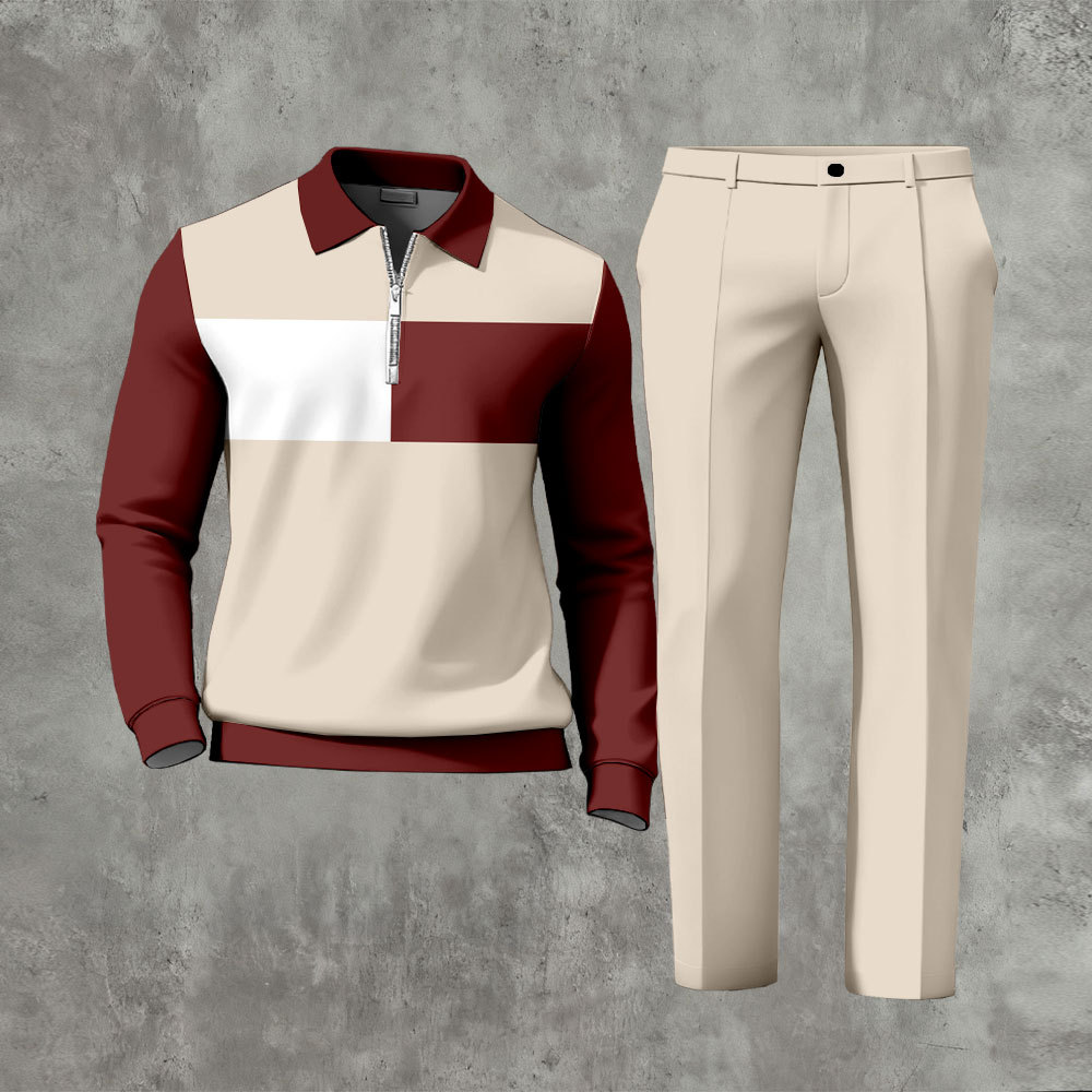 Men's Casual Color Matching Printed Polo-Collar Zipper Long Sleeved Tr