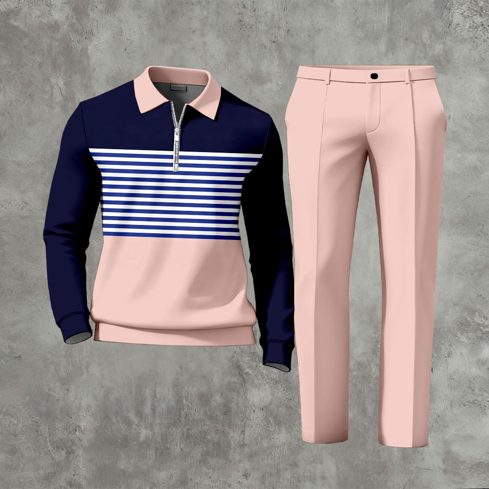 Men's Casual Pink & Navy Color Matching Striped Printed Zipper Long Sl