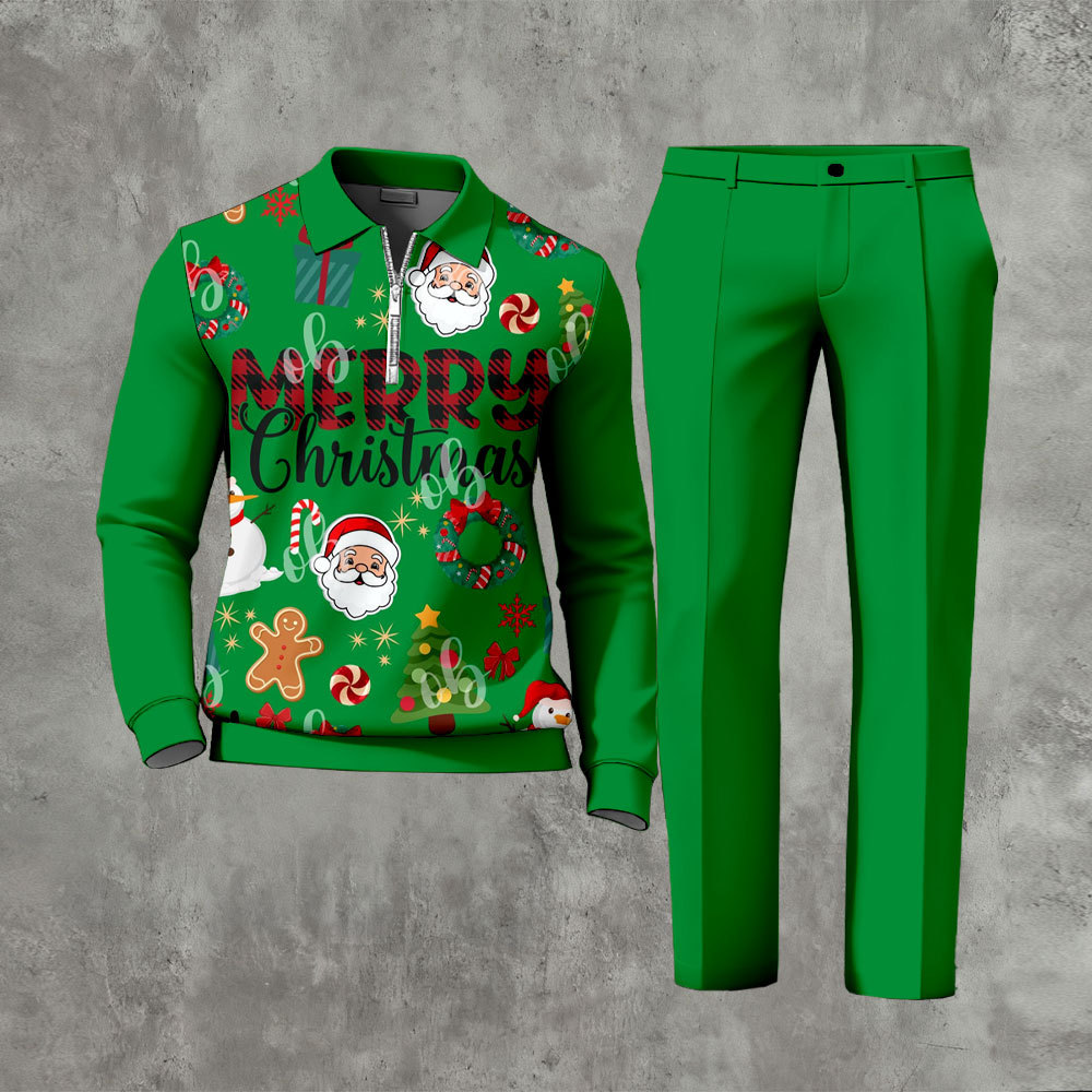 Men's Christmas Color Matching Printed Polo-Collar Zipper Long Sleeved