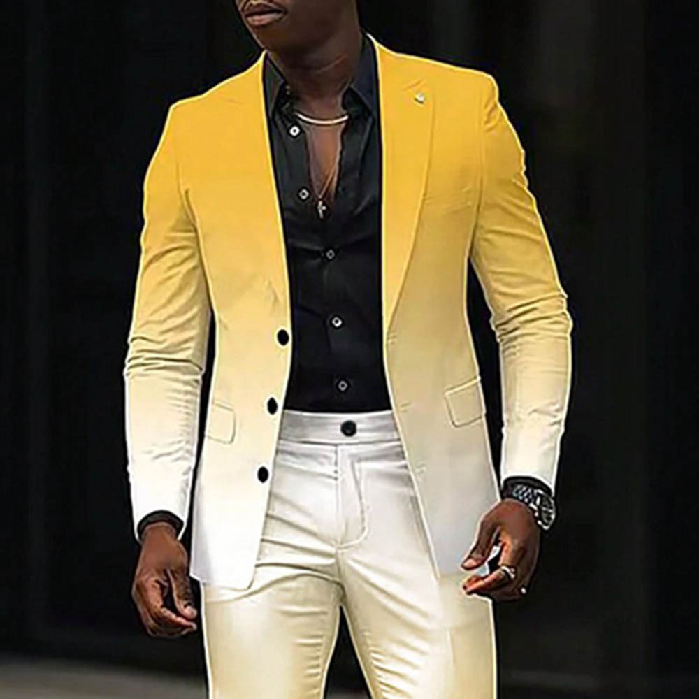 Men's Gradient Color Matching Printed Long Sleeves Suits Jacket& Trousers Two Pieces Set