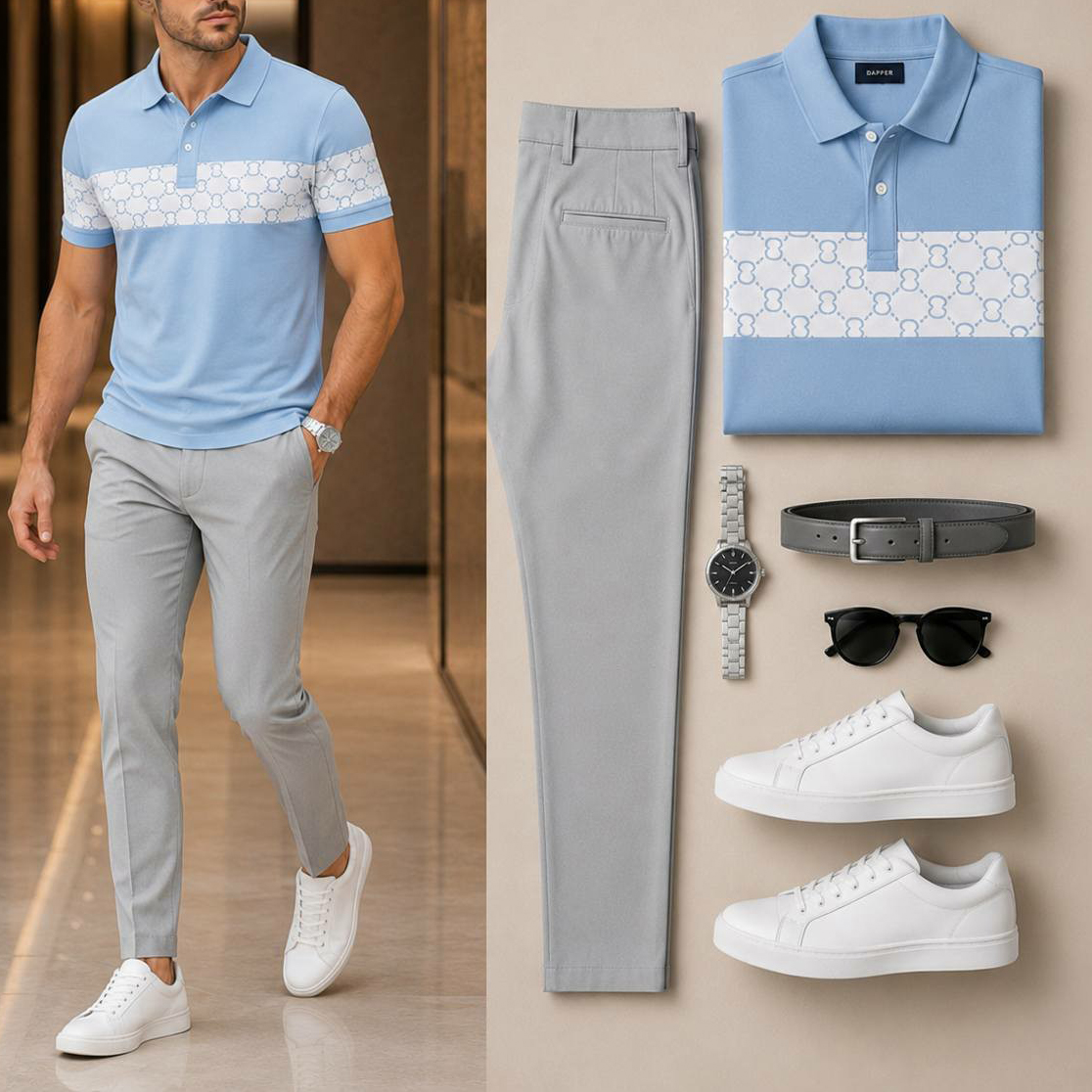 Men's Casual Sky Blue & Light Gray Printed Polo Shirt And Pants Two-Piece Set