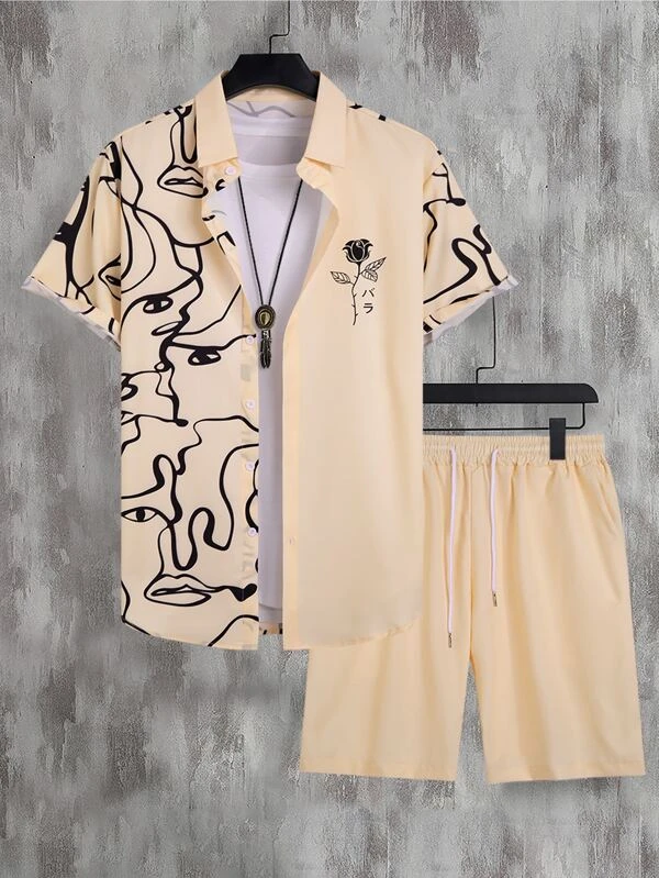 Men's Hawaiian Print Short Sleeve Shirt Set