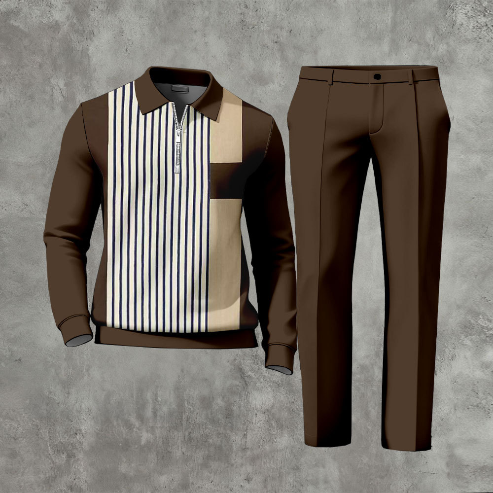 Men's Casual Coffee & White Color Matching Geometric Printed Zipper Lo