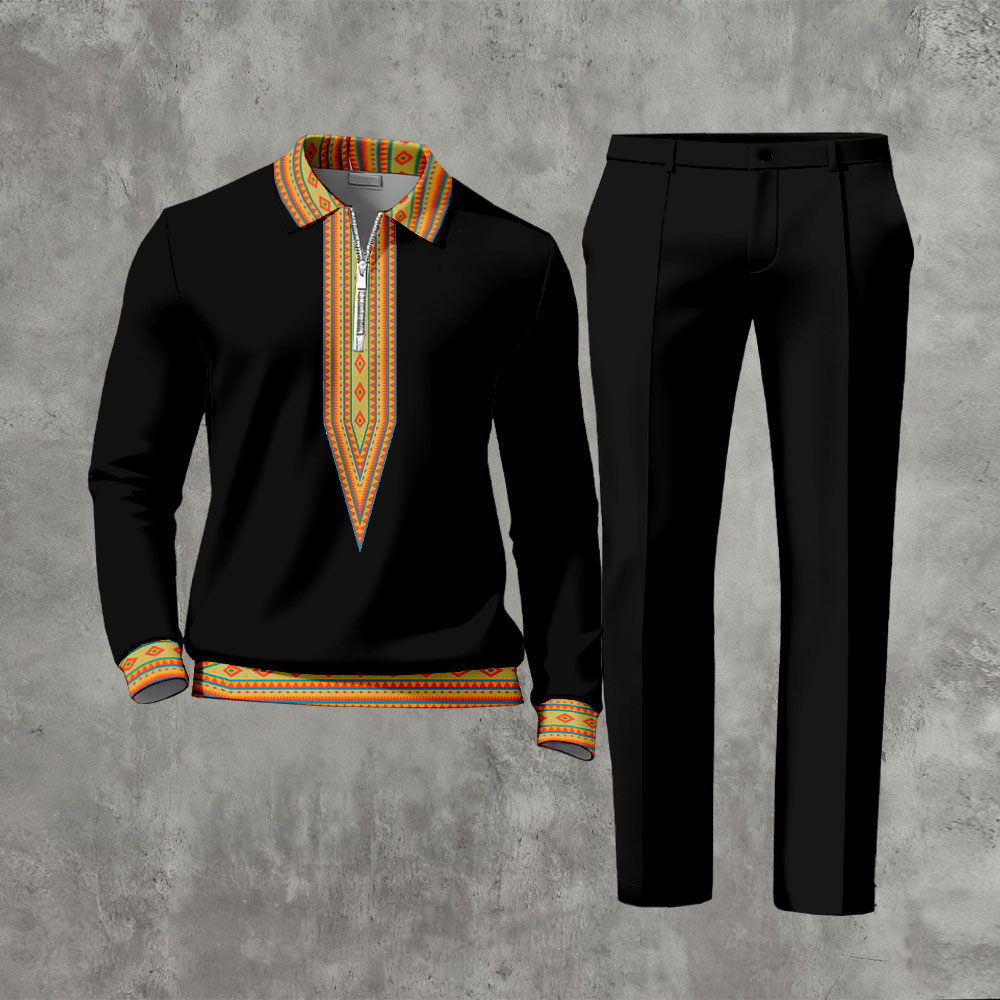 Men's Casual Black & Green Patchwork Vintage Ethnic Printed Zipper Long Sleeved Polo Shirt & Trousers Two-Piece Set