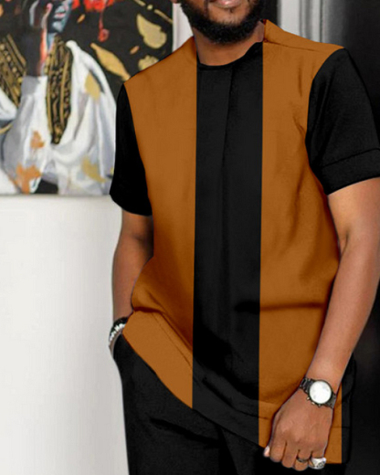 Men's Colorblock Print Short Sleeve Sports Walking Suit