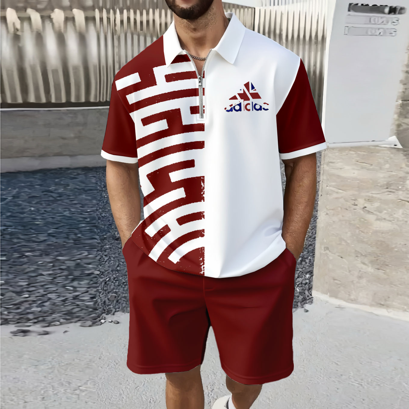 Men's Fashion Casual Zipper Polo Collar Geometric Printed Short-Sleeved Two-Piece Set