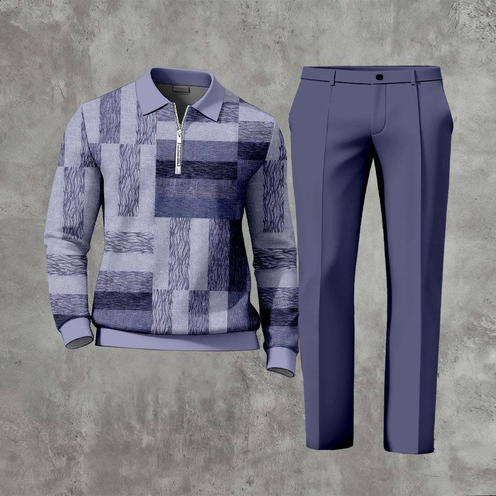 Men's Casual Purplr Color Matching Geoemtric Printed Polo-Collar Zippe