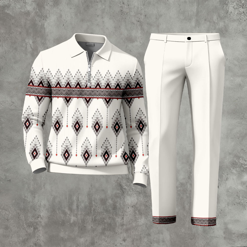 Men's Casual White Color Matching Retro Printed Zipper Long Sleeved Po