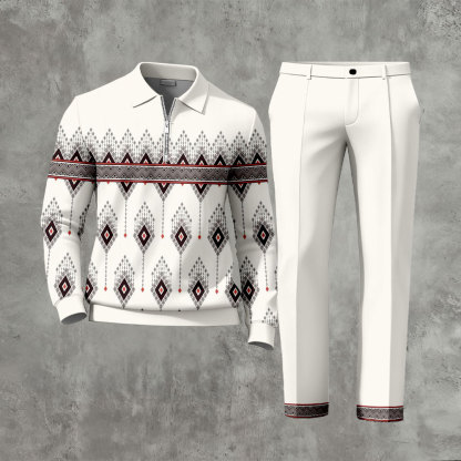 Men's Casual White Color Matching Retro Printed Zipper Long Sleeved Polo Shirt & Trousers Two-Piece Set