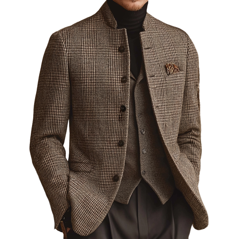 Men's Retro Casual Tweed Plaid Stand Collar Jacket 