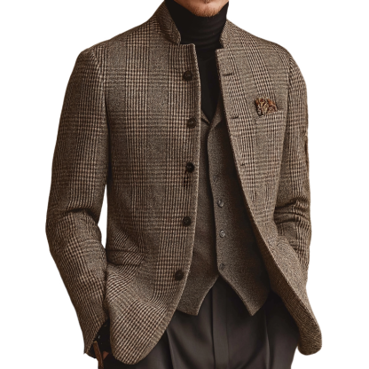 Men's Retro Casual Tweed Plaid Stand Collar Jacket 