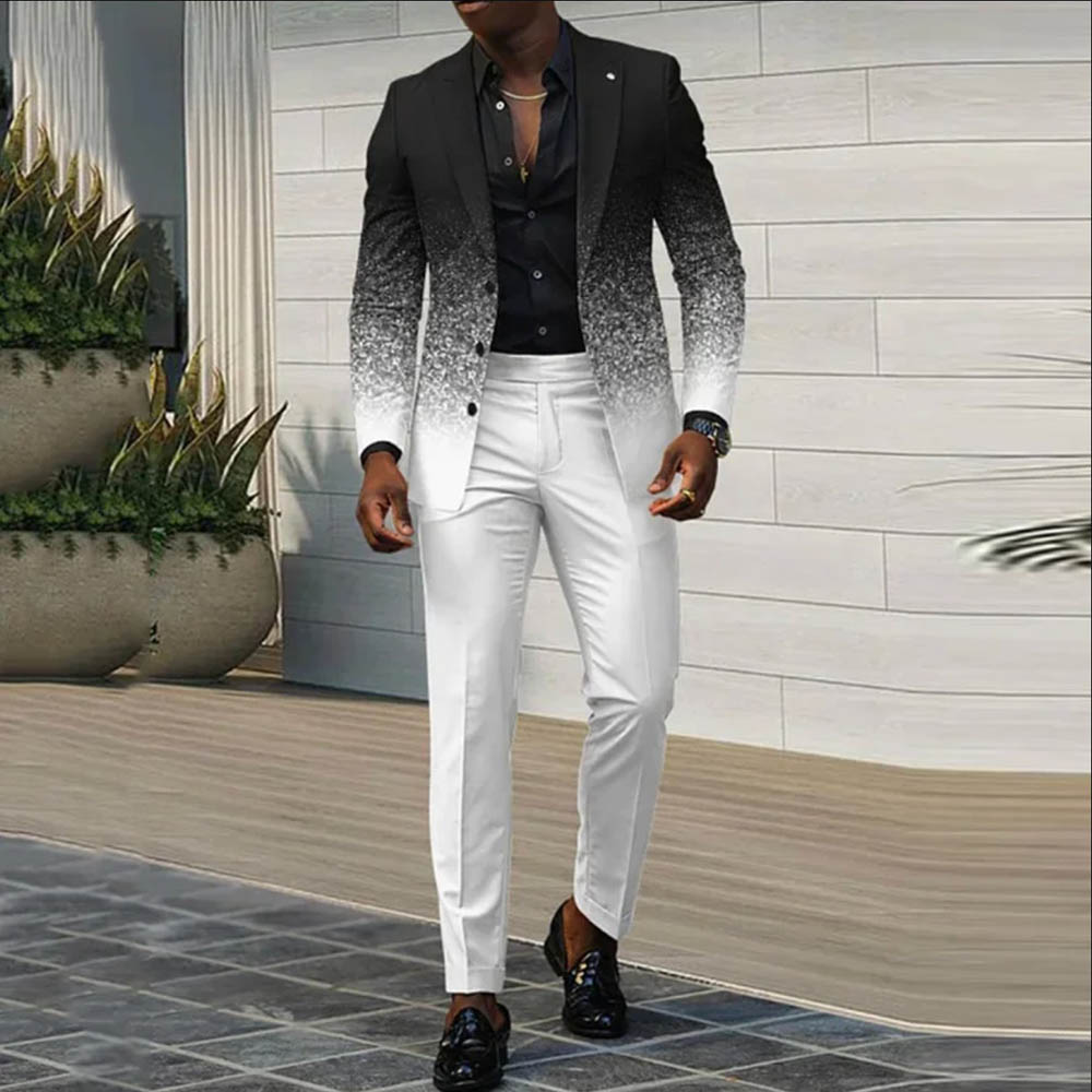 BlazerMen's Gradient Black & White Color Matching Gradient Printed Long Sleeves Blazer & Trousers Two Pieces Set