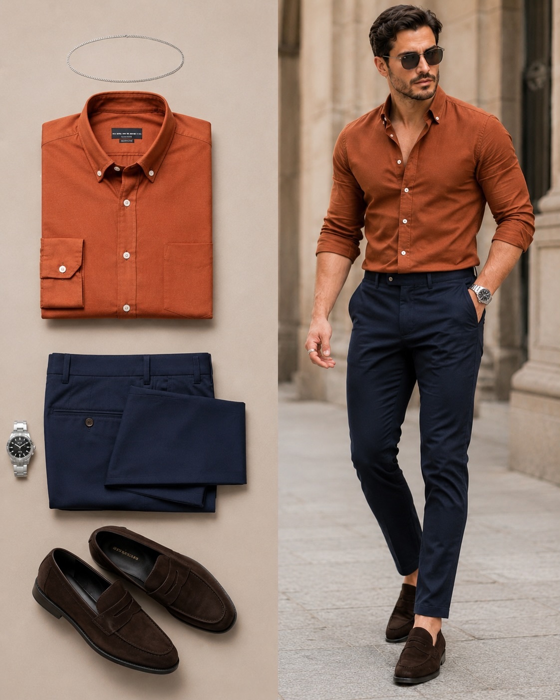 Men's Casual Color Matching Long Sleeves Shirt & Trousers Two Piece Set
