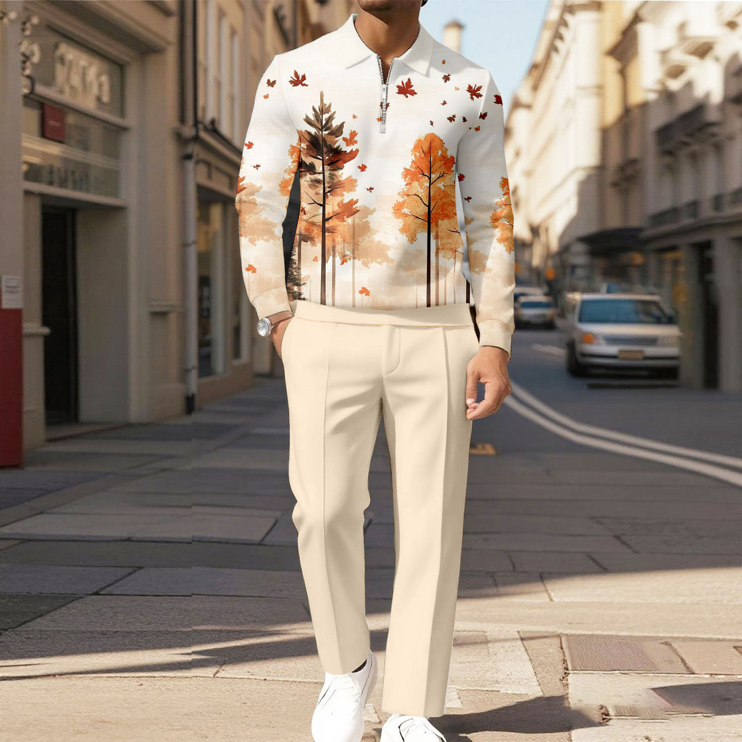 Men's Casual Color Matching Printed Polo-Collar Zipper Long Sleeved Tr