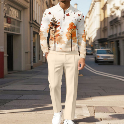 Men's Casual Color Matching Printed Polo-Collar Zipper Long Sleeved Trousers Two-Piece Set