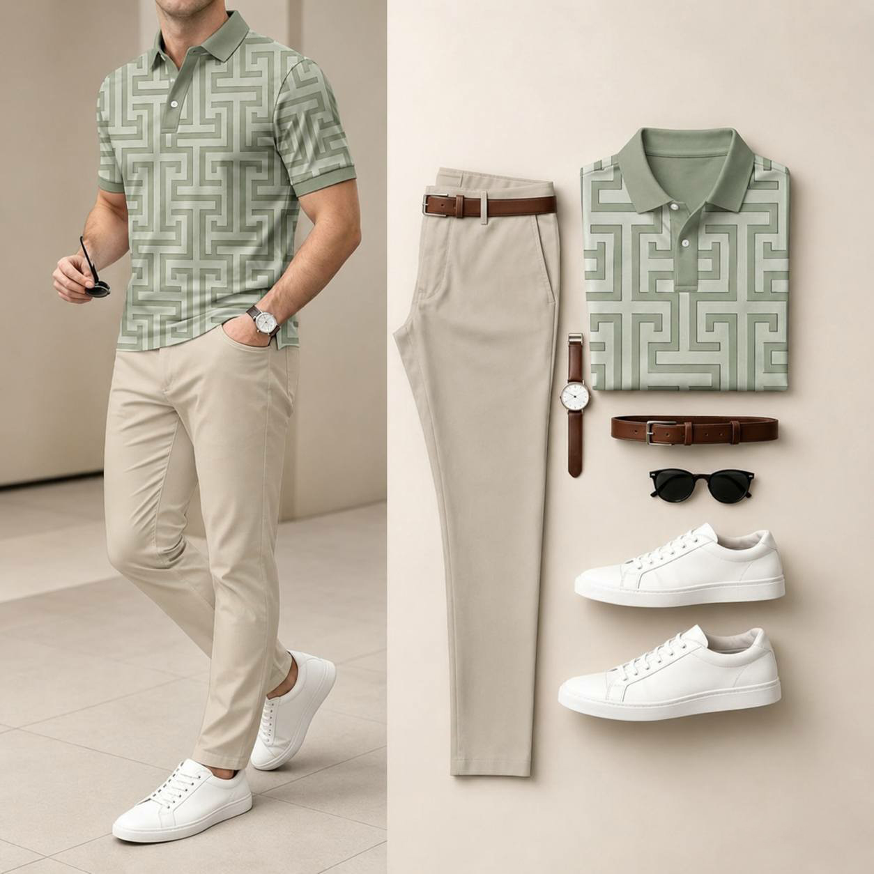Men's Casual Sage Green & Khaki Geometric Printed Polo Shirt And Pants Two-Piece Set