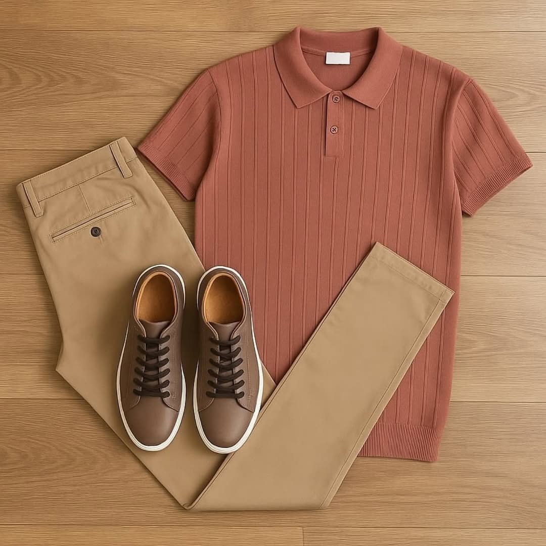 Men's Casual Solid-Color Printed Polo Shirt & Trousers Two-Piece Set