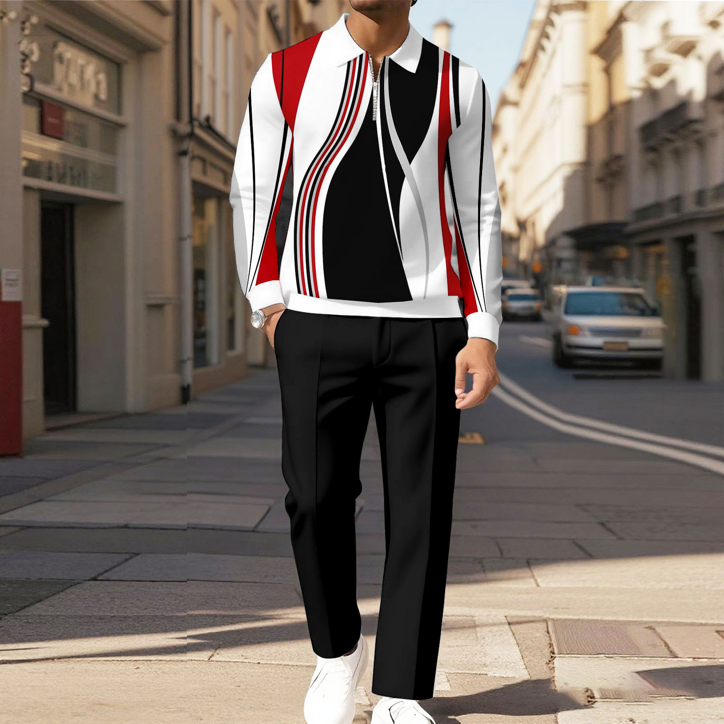 Men's Casual Color Matching Printed Polo-Collar Zipper Long Sleeved Trousers Two-Piece Set