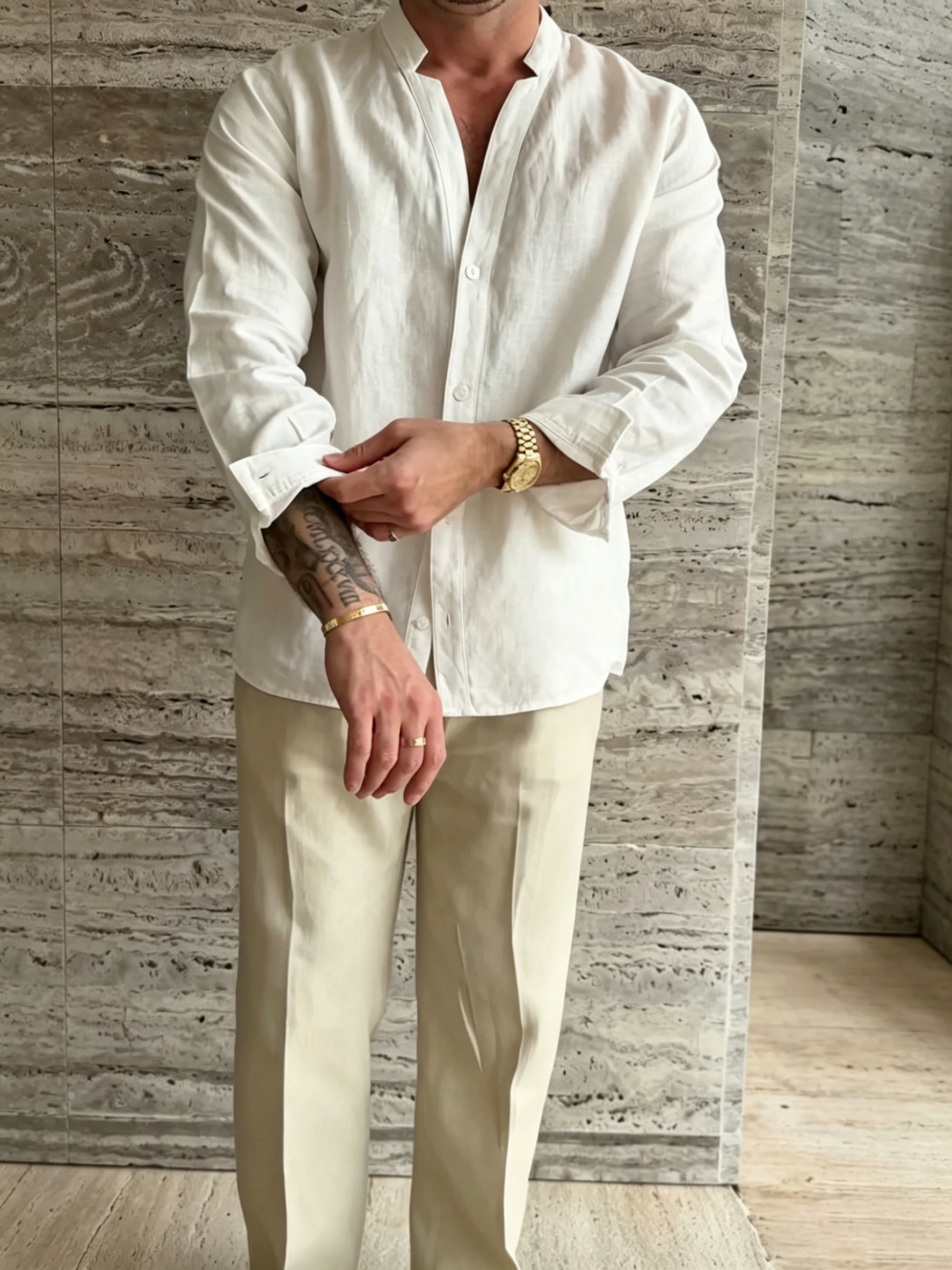 Premium Linen-Blend Mandarin Collar Suit