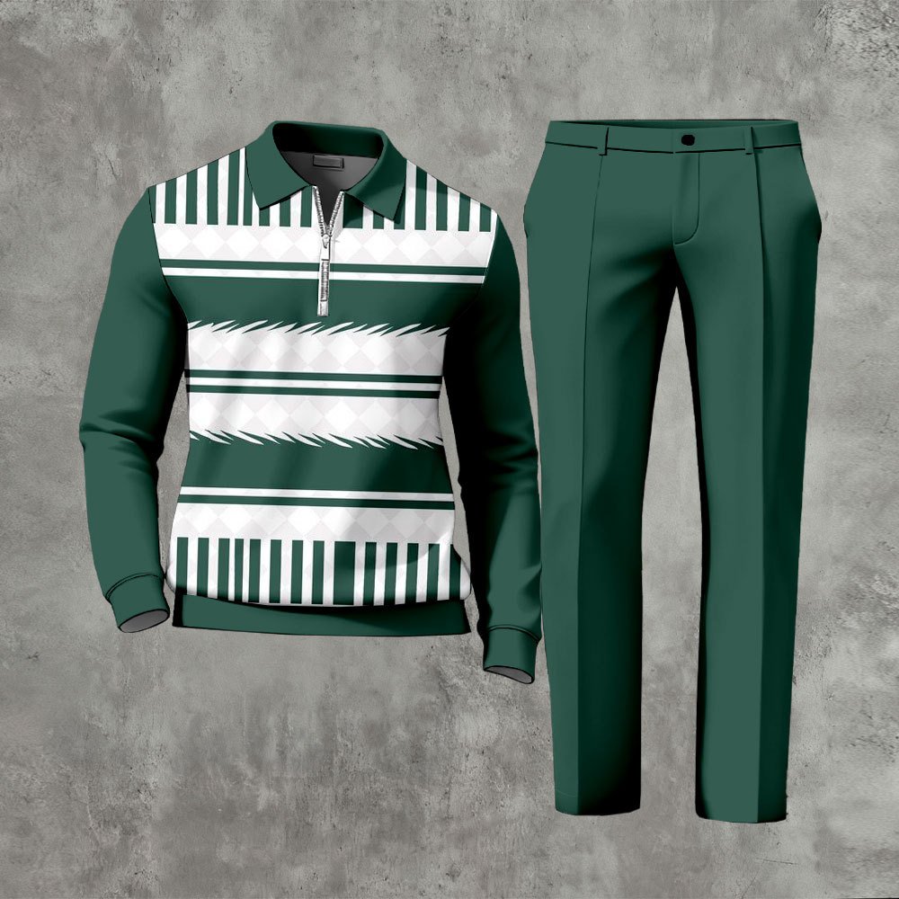 Men's Casual Green & White Color Matching Vintage Pattenr Zipper Long 