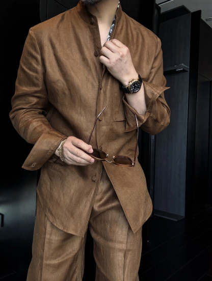 Premium Linen Mandarin Collar 2-Piece Suit | Old Money Style Breathable Set for Men