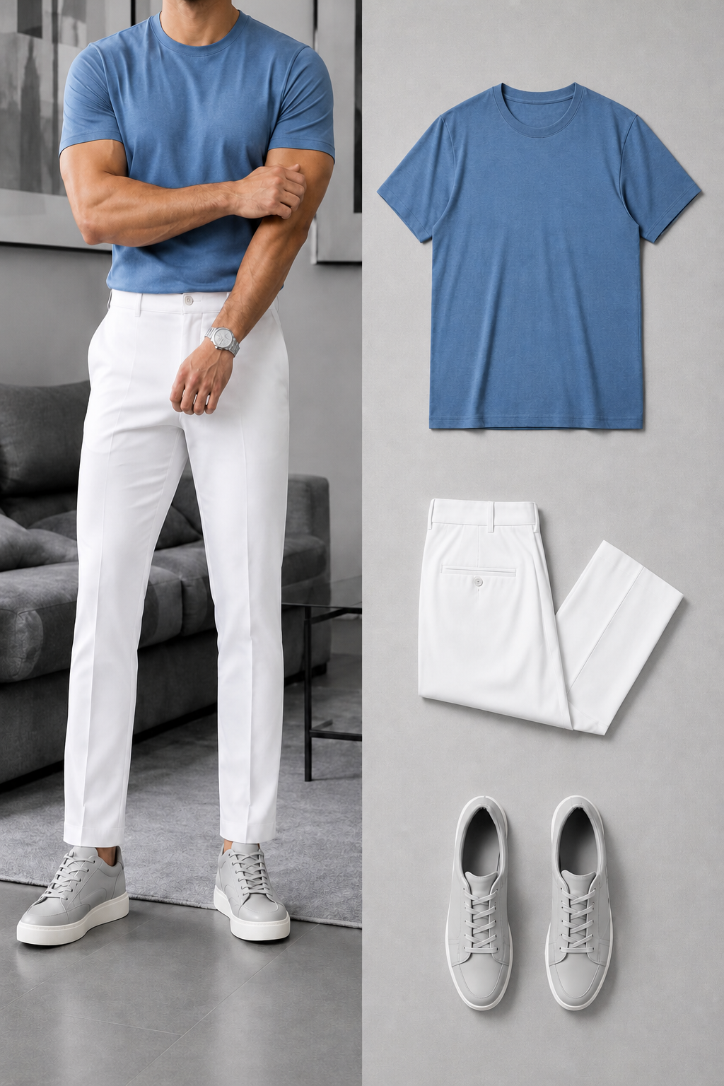 Men's Color Matching Blue Short-Sleeve T-Shirt & Chino Pants Two-Piece Set
