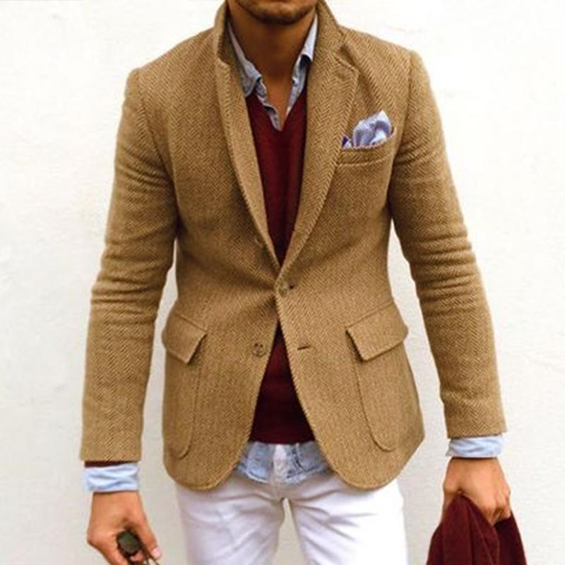 Men's Vintage Herringbone Wool Blend Lapel Single Breasted Blazer