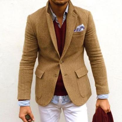 Men's Vintage Herringbone Wool Blend Lapel Single Breasted Blazer