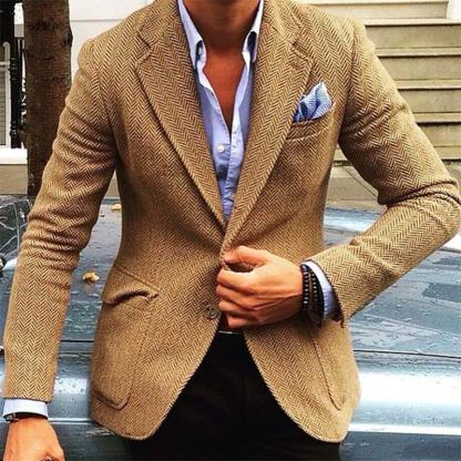 Men's Vintage Herringbone Wool Blend Lapel Single Breasted Blazer