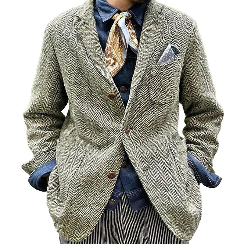 Men's Vintage Herringbone Single-Breasted Lapel Multi-Pocket Blazer