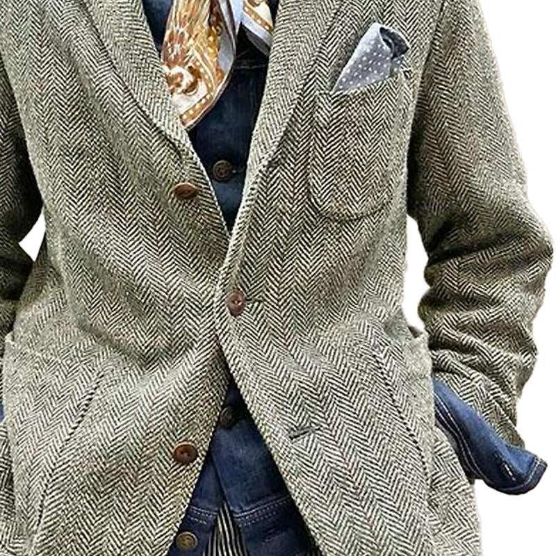 Men's Vintage Herringbone Single-Breasted Lapel Multi-Pocket Blazer