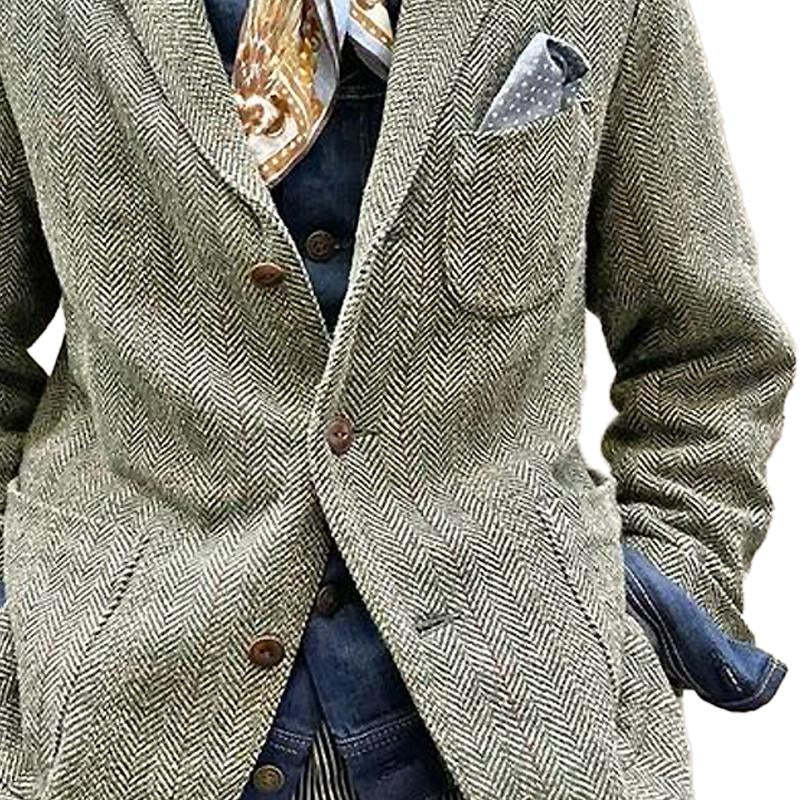 Men's Vintage Herringbone Single-Breasted Lapel Multi-Pocket Blazer