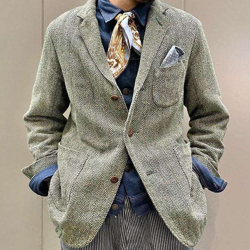 Men's Vintage Herringbone Single-Breasted Lapel Multi-Pocket Blazer