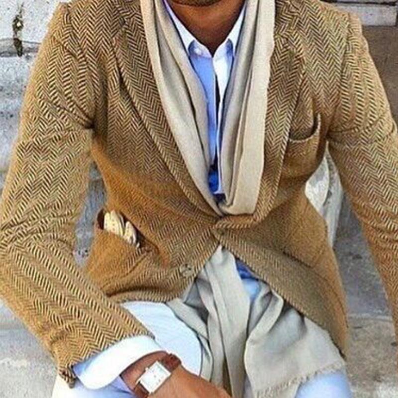 Men's Vintage Herringbone Wool Blend Lapel Single Breasted Blazer