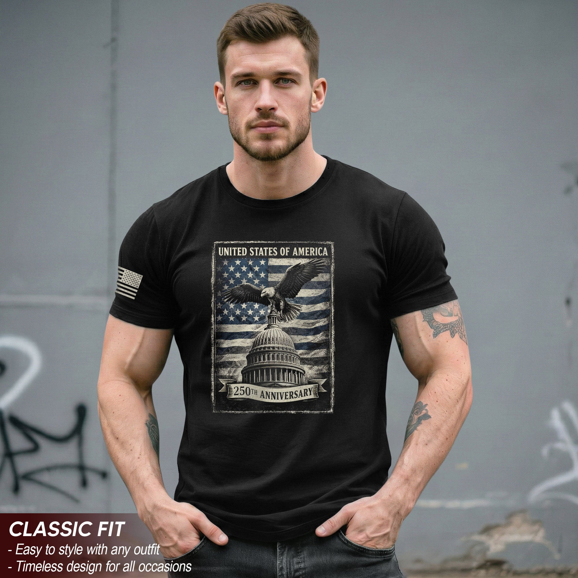 250 Years America Anniversary 1776-2026 Men's Patriotic T-Shirt – Retro Eagle & Capitol Freedom USA 250 Birthday Tee