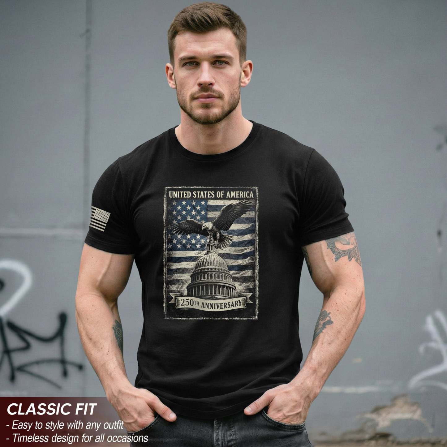 250 Years America Anniversary 1776-2026 Men's Patriotic T-Shirt – Retro Eagle & Capitol Freedom USA 250 Birthday Tee
