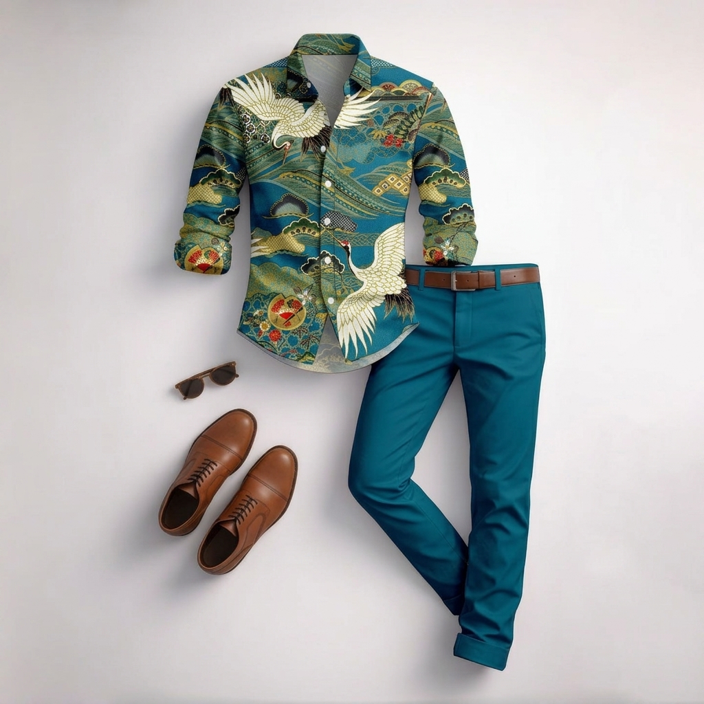 Men's Casual Dark Green Crane Color Matching Geometric Printed Long Sleeved Shirt & Trousers Two-Piece Set